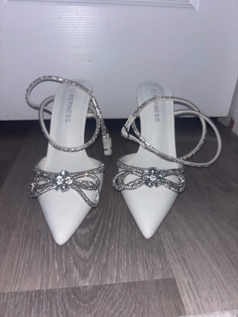 White Pointed Toe Crystal-Embellished Heels